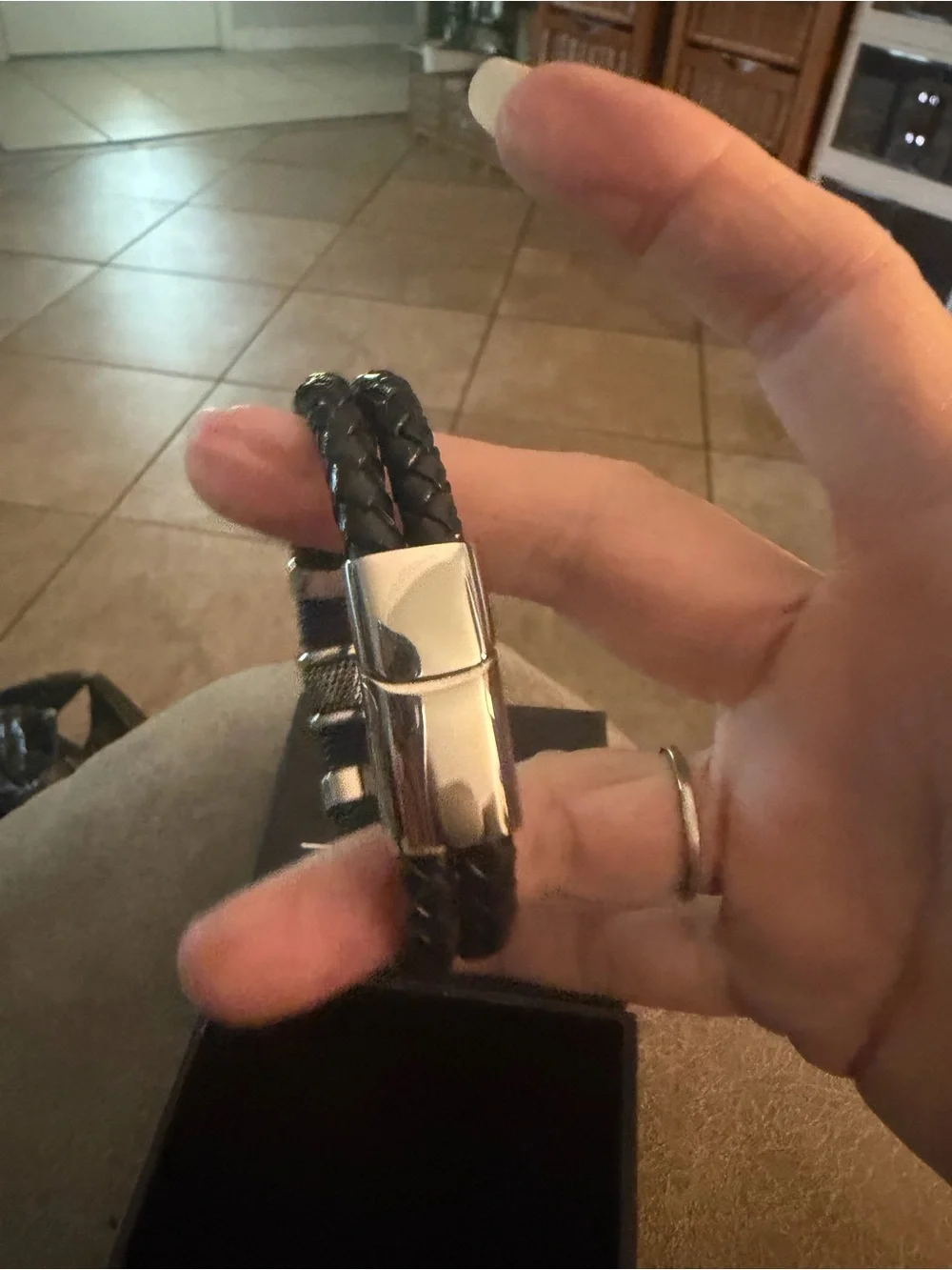 New York & Company Black Braided Leather Bracelet with Silver Accents